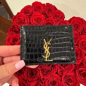 Saint Laurent Black Croc-Embossed Card Holder with Gold YSL Emblem